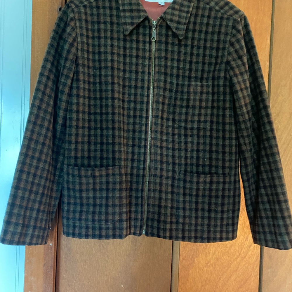111 STATE Brown, tan, green, plaid wool and nylon jacket. Zipper front and front